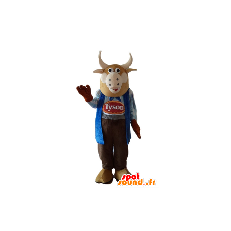 Cow mascot, brown bull dressed as a farmer - MASFR23273 - Mascot cow