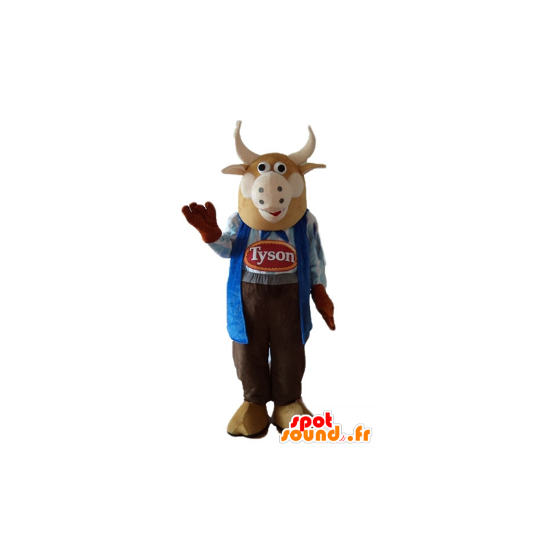 Koe mascotte, bruine stier gekleed in boer - MASFR23273 - koe Mascottes