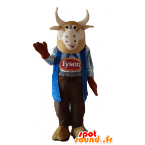 Cow mascot, brown bull dressed as a farmer - MASFR23273 - Mascot cow