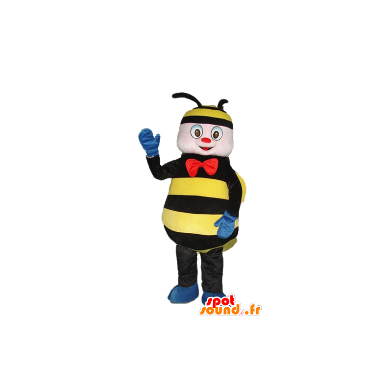 Mascot bee, svart og gul jakke med rød sløyfe - MASFR23274 - Bee Mascot