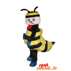 Mascot abelha, jaqueta preta e amarela com um laço vermelho - MASFR23274 - Bee Mascot