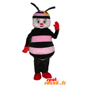 Mascot rosa og svart bee med en blomst på hodet - MASFR23275 - Bee Mascot