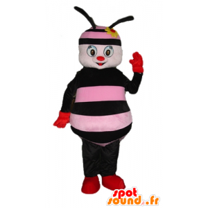 Maskotka różowy i czarny pszczoła z kwiatem na głowie - MASFR23275 - Bee Mascot