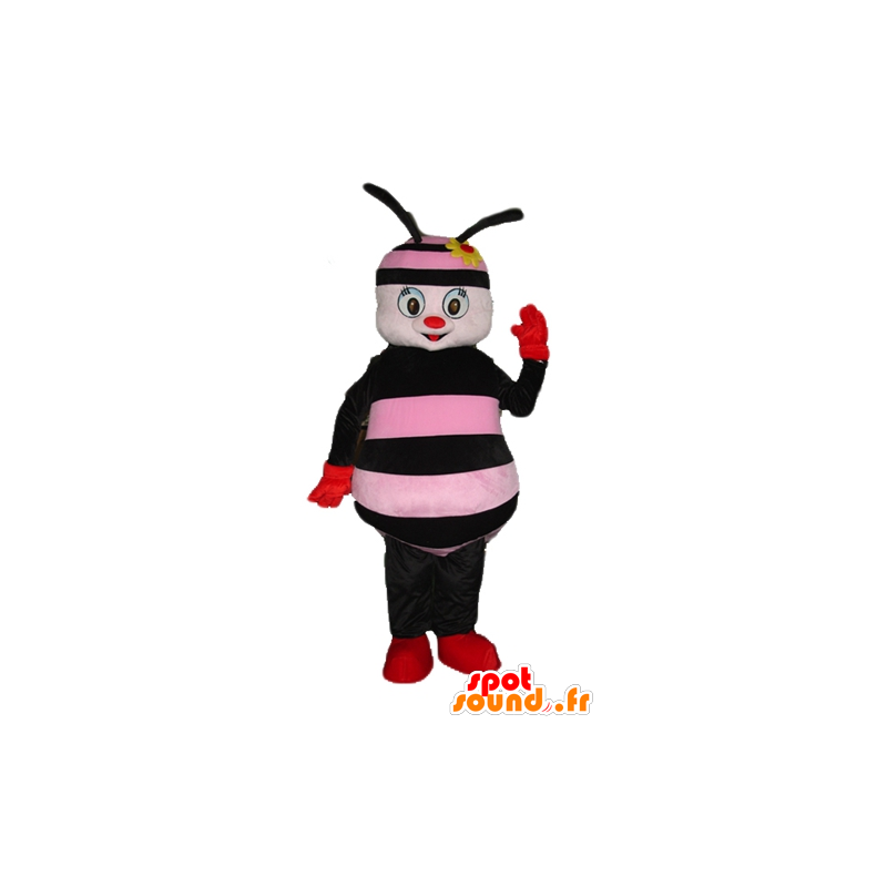 Mascotte d'abeille rose et noire, avec une fleur sur la tête - MASFR23275 - Mascottes Abeille