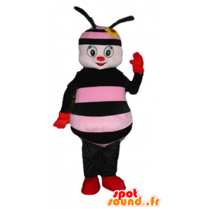 Maskotka różowy i czarny pszczoła z kwiatem na głowie - MASFR23275 - Bee Mascot