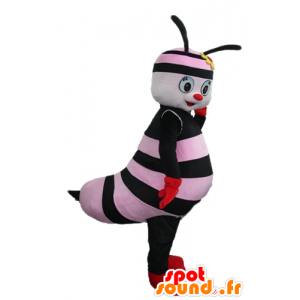 Maskot růžové a černé včela s květinou na hlavě - MASFR23275 - Bee Maskot