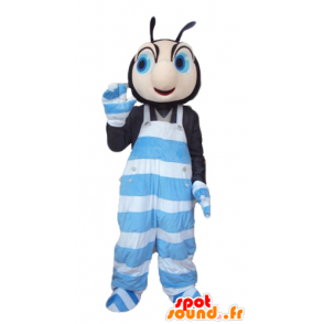 Mascotte d'insecte noir et rose, en salopette bleue et blanche - MASFR23276 - Mascottes Insecte