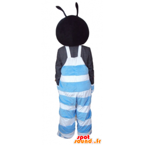 Mascotte d'insecte noir et rose, en salopette bleue et blanche - MASFR23276 - Mascottes Insecte