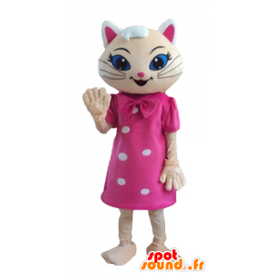 Mascotte gatto beige con un abito rosa e gli occhi azzurri - MASFR23280 - Mascotte gatto