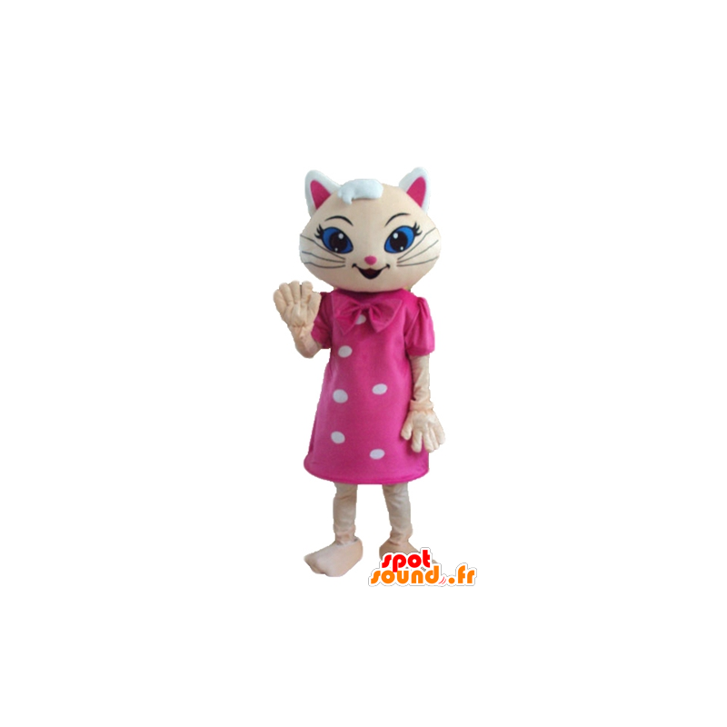 Beige kat mascotte, met een roze jurk en blauwe ogen - MASFR23280 - Cat Mascottes