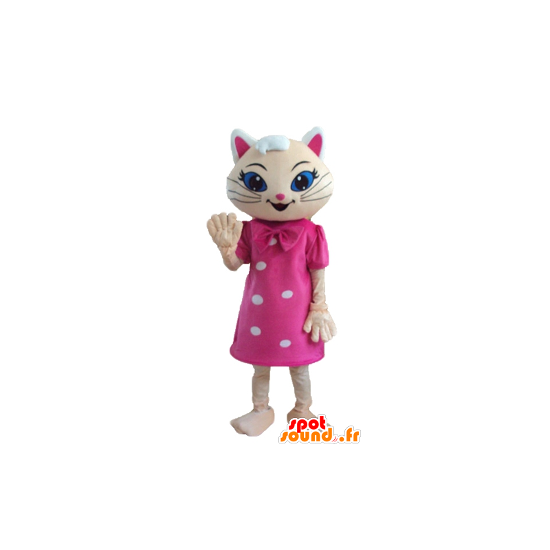 Mascotte beige cat with a pink dress and blue eyes - MASFR23280 - Cat mascots