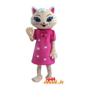 Beige kat mascotte, met een roze jurk en blauwe ogen - MASFR23280 - Cat Mascottes