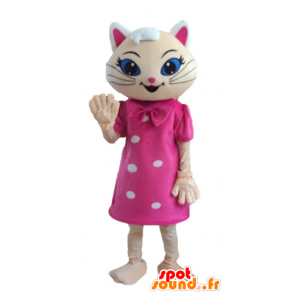 Mascotte de chat beige, avec une robe rose, et des yeux bleus - MASFR23280 - Mascottes de chat