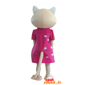 Mascotte beige cat with a pink dress and blue eyes - MASFR23280 - Cat mascots