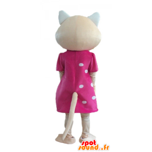 Mascotte beige Katze mit einem rosafarbenen Kleid und den blauen Augen - MASFR23280 - Katze-Maskottchen