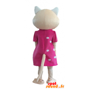 Mascotte beige cat with a pink dress and blue eyes - MASFR23280 - Cat mascots