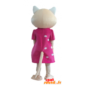 μπεζ μασκότ γάτα, με ένα ροζ φόρεμα και μπλε μάτια - MASFR23280 - Γάτα Μασκότ