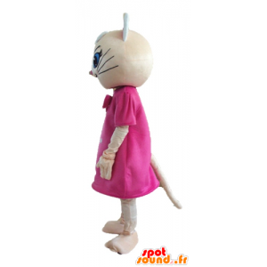 μπεζ μασκότ γάτα, με ένα ροζ φόρεμα και μπλε μάτια - MASFR23280 - Γάτα Μασκότ