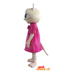 Beige kat mascotte, met een roze jurk en blauwe ogen - MASFR23280 - Cat Mascottes