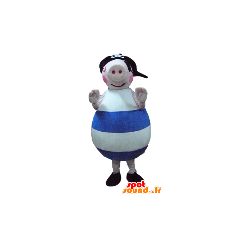 Mascot grande maiale rosa, blu e bianco, con un cappello - MASFR23290 - Maiale mascotte