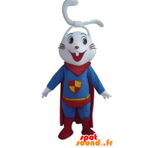 Blanca mascota conejo, todo sonrisas, vestido de superhéroe - MASFR23292 - Mascota de conejo