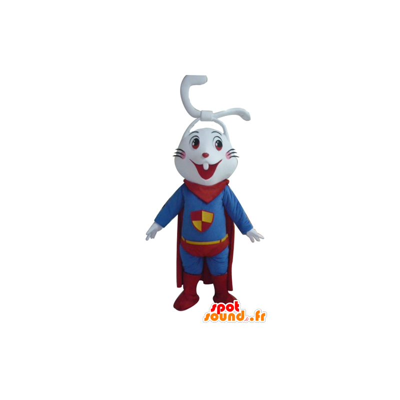 Blanca mascota conejo, todo sonrisas, vestido de superhéroe - MASFR23292 - Mascota de conejo