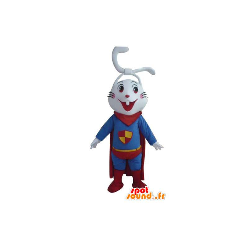Mascotte de lapin blanc, très souriant, habillé en super-héros - MASFR23292 - Mascotte de lapins