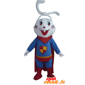 Mascotte de lapin blanc, très souriant, habillé en super-héros - MASFR23292 - Mascotte de lapins