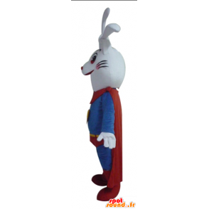 Blanca mascota conejo, todo sonrisas, vestido de superhéroe - MASFR23292 - Mascota de conejo