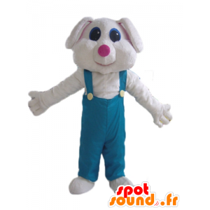 Hvid kaninmaskot, i grøn overall - Spotsound maskot kostume