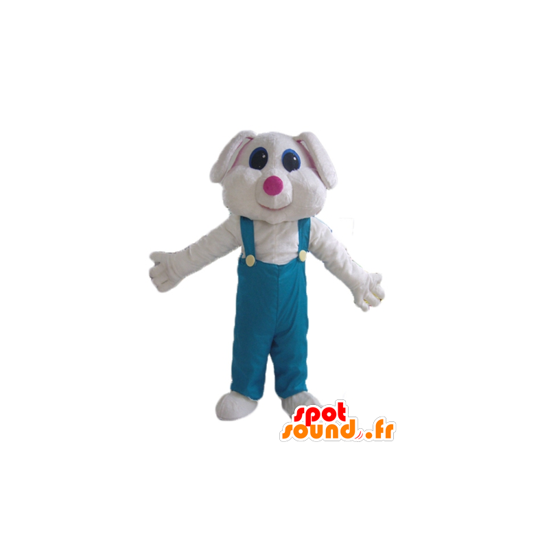 Mascotte de lapin blanc, en salopette verte - MASFR23294 - Mascotte de lapins