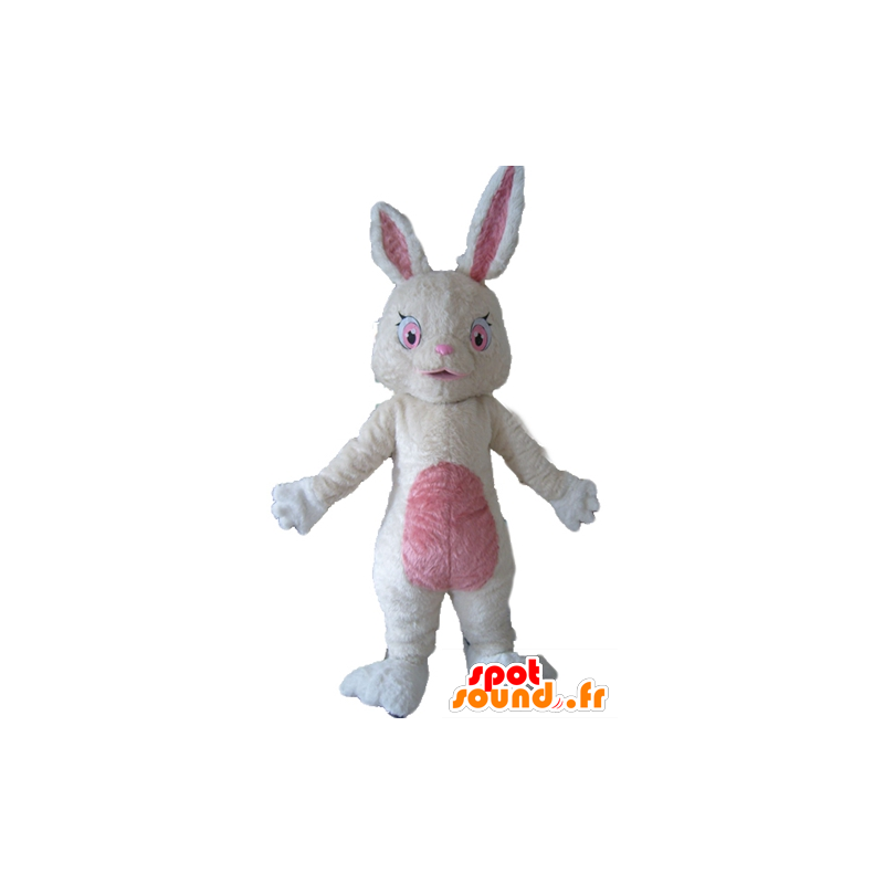 Mascot pluche konijn wit en roze, pluizige - MASFR23295 - Mascot konijnen