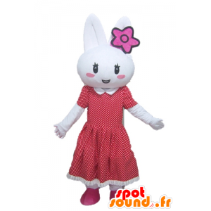 White Rabbit mascotte con un abito rosso con pois - MASFR23296 - Mascotte coniglio