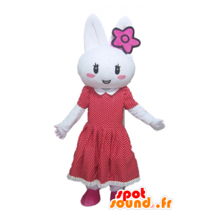 White Rabbit mascotte met een rode jurk met stippen - MASFR23296 - Mascot konijnen