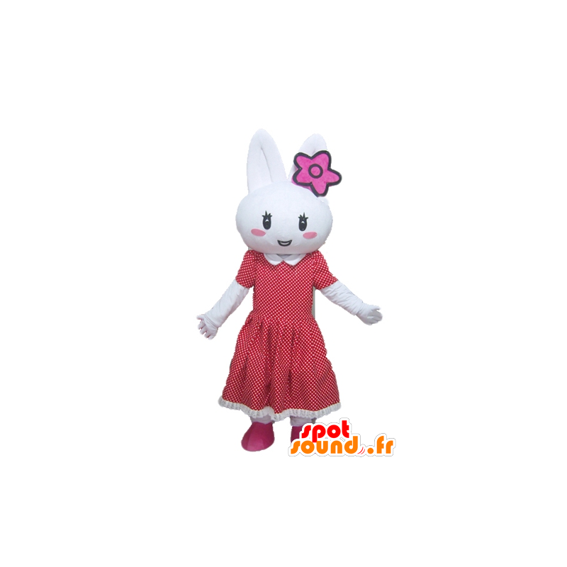 Mascotte de lapin blanc, avec une robe rouge à pois - MASFR23296 - Mascotte de lapins
