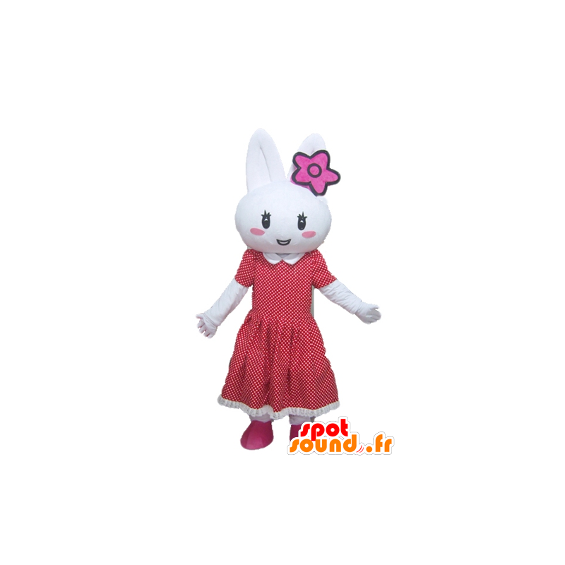 White Rabbit mascotte con un abito rosso con pois - MASFR23296 - Mascotte coniglio