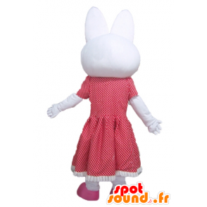 White Rabbit maskot med en rød kjole med prikker - MASFR23296 - Mascot kaniner