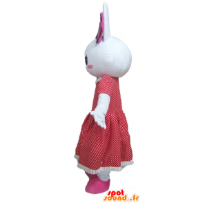 Hvid kaninmaskot med en rød kjole med prikker - Spotsound