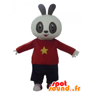 Mascotte de lapin blanc et noir en tenue rouge et noire - MASFR23299 - Mascotte de lapins