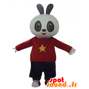 Zwart en wit konijntje mascotte houdt rood en zwart - MASFR23299 - Mascot konijnen