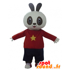 Bianco e nero mascotte del coniglio holding rosso e nero - MASFR23299 - Mascotte coniglio