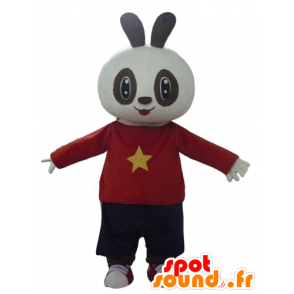 Mascotte de lapin blanc et noir en tenue rouge et noire - MASFR23299 - Mascotte de lapins