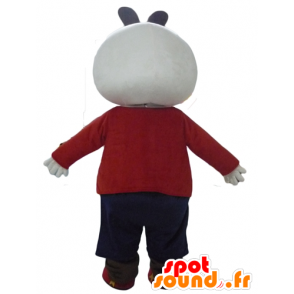 Bianco e nero mascotte del coniglio holding rosso e nero - MASFR23299 - Mascotte coniglio