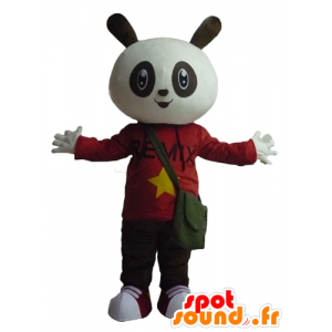 Zwart en wit konijntje mascotte houdt rood en zwart - MASFR23303 - Mascot konijnen
