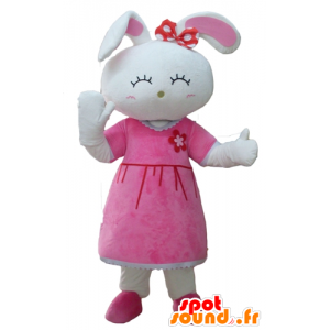 Mascot coelho branco bonito, vestida com um vestido rosa - MASFR23305 - coelhos mascote