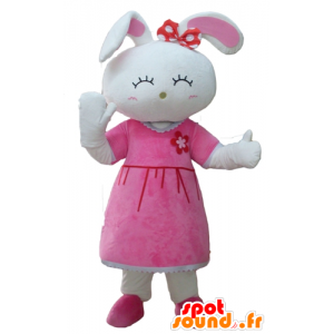 Mascot conejo bastante blanca, vestida con un vestido de color rosa - MASFR23305 - Mascota de conejo