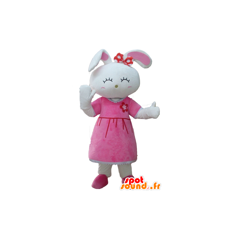Mascot conejo bastante blanca, vestida con un vestido de color rosa - MASFR23305 - Mascota de conejo