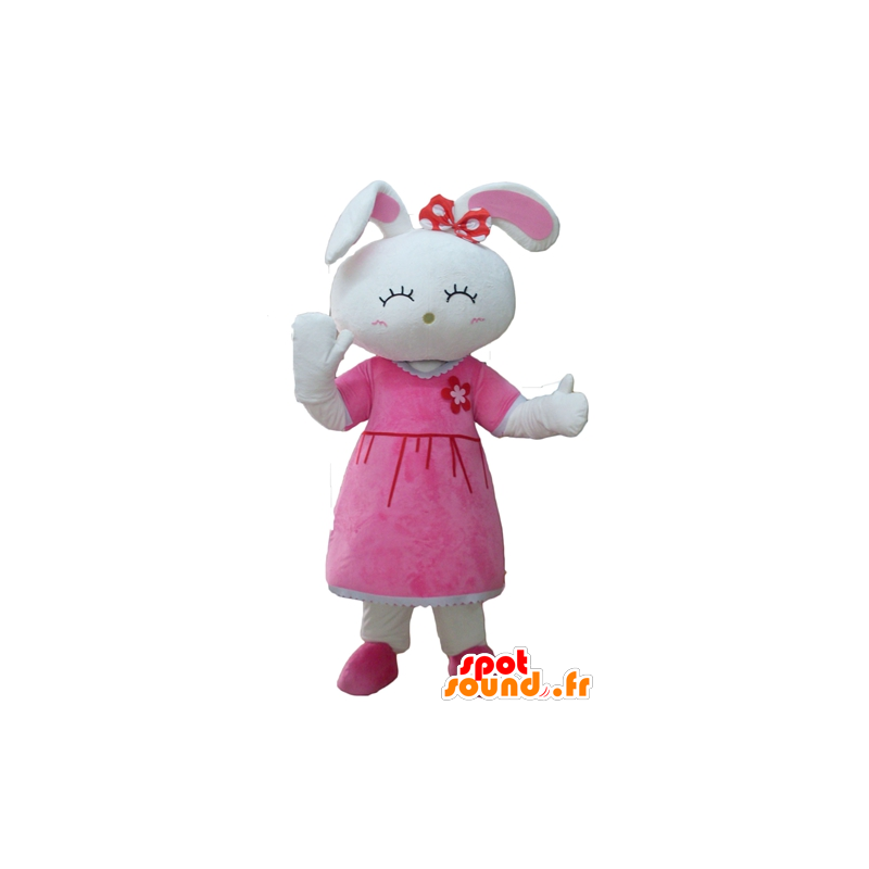 Mascotte de joli lapin blanc, habillé d'une robe rose - MASFR23305 - Mascotte de lapins