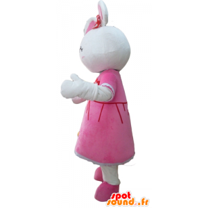 Mascot coelho branco bonito, vestida com um vestido rosa - MASFR23305 - coelhos mascote