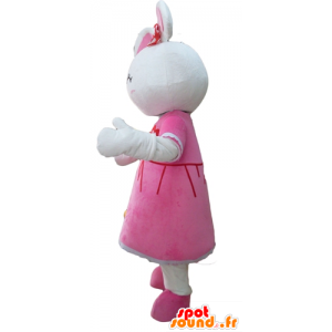 Maskot roztomilého bílého králíka, oblečená v růžových šatech - MASFR23305 - maskot králíci